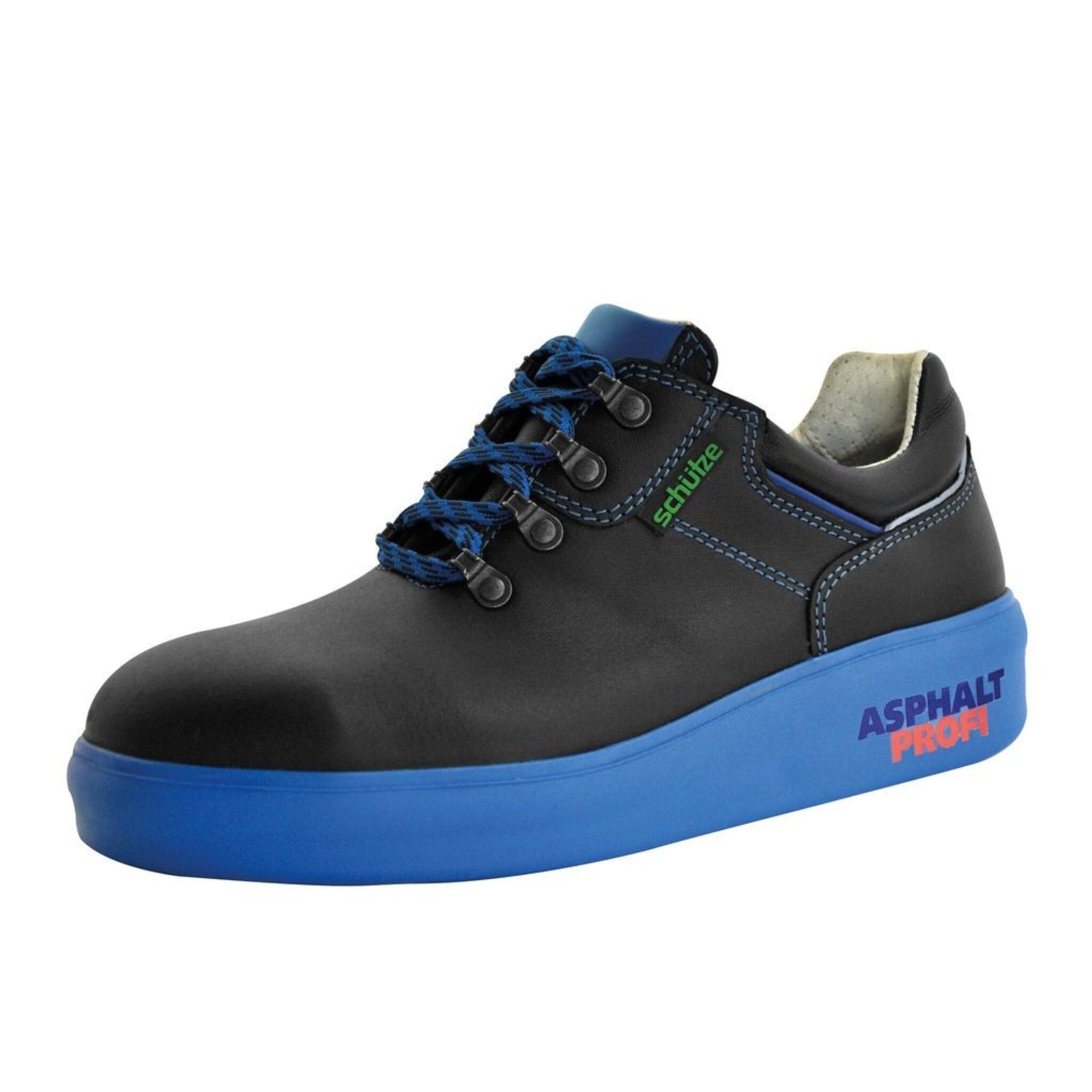 Schnürschuh, Leder, Schwarz, blaue Plateausohle, Asphalt Profi