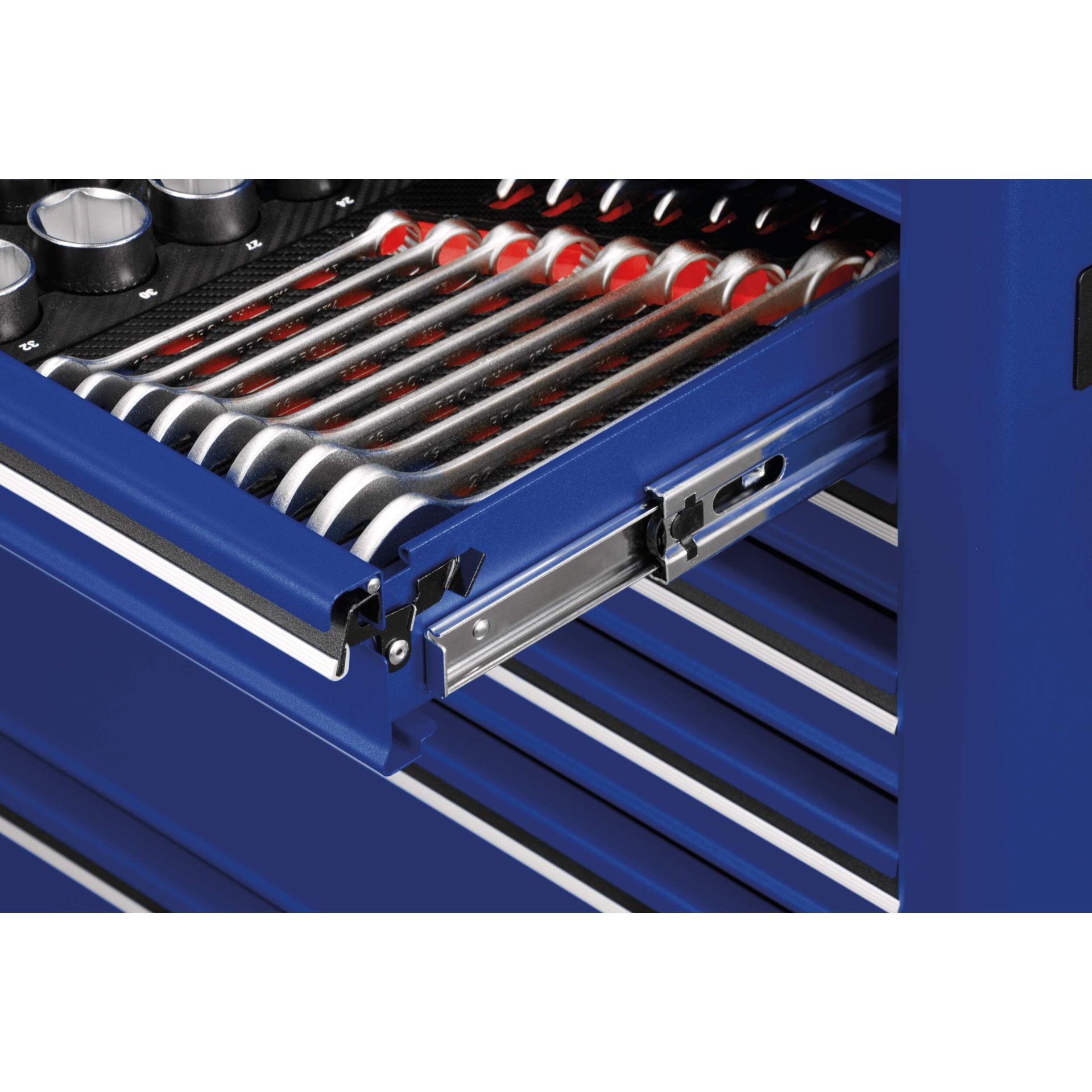 Werkzeugschublade, Rollensystem, Metallführungen, Blaues Schubladenunterschrank, Schubladen