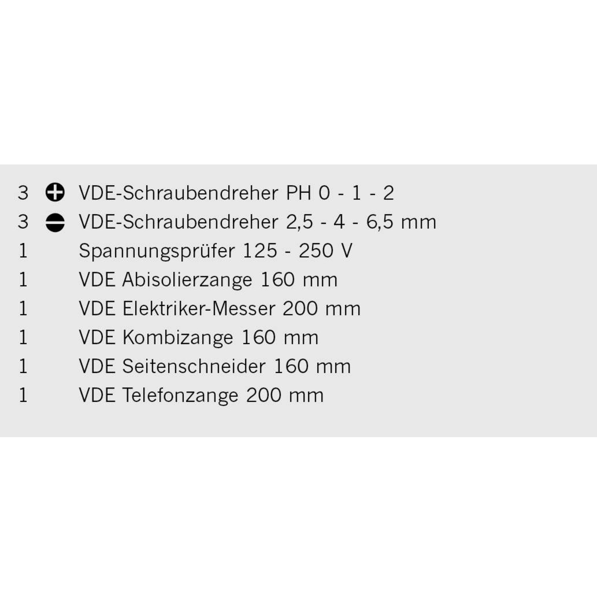 Schraubendreher, Spannungsprüfer, Abisolierzange, Elektriker-Messer, Kombizange