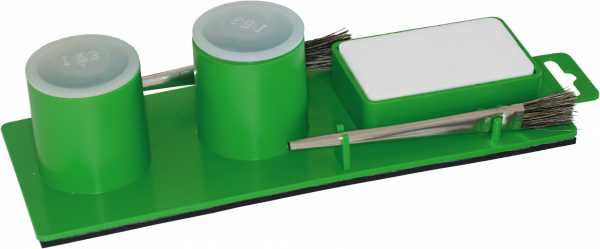 Lötgarnitur LÖT MAX KOMBI Salmiakstein, 2 Flüssigkeitsbehälter, 2 Lötwasserpinsel, 250x95 mm